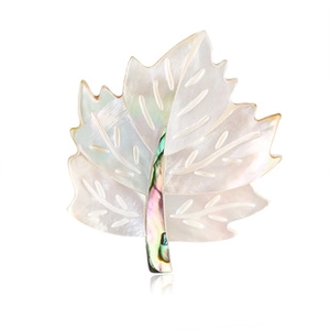 Detail of leaf-shaped brooch crafted with white mother of pearl and abalone shell