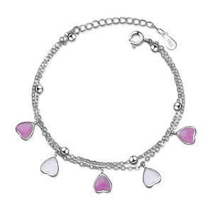 Double Layer Bracelet Copper Silver Plated With Pink White Enamel Heart Pendants Beads Sweet Style For Women Adjustable