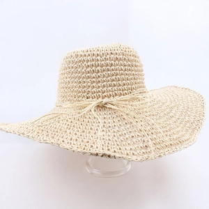 Women Hand Woven Straw Hat Wide Brim Sun Protection Foldable Beach Vacation Breathable Summer Holiday