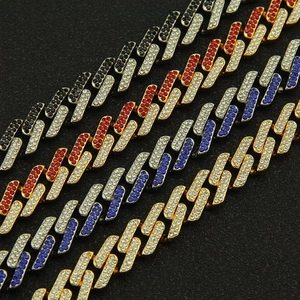 Exaggerated Cuban link bracelets with multicolored rhinestones in gold finish