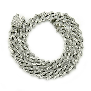 Detailed view of silver Cuban link chain with shimmering crystal pavé and secure clasp
