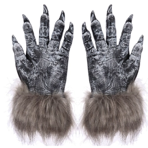 Halloween werewolf claws with realistic skin texture and long brown faux fur