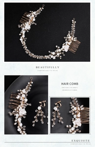Detailed bridal hair comb and earring set with white clay flowers and pearls on gold base