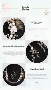 Detailed view of handmade bridal hair comb set with polymer clay flowers and pearls