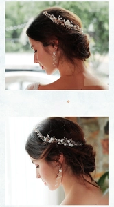 Close-up of bridal hair vine set with pearls, crystals, and matching earrings in rose gold