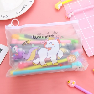 Cute transparent unicorn pencil case with zipper and colorful cartoon gel pen set