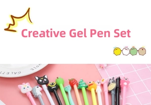 Detailed close-up of cute cartoon neutral pen set featuring colorful silicone charms