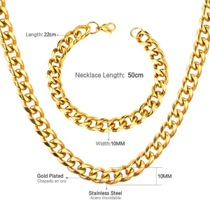 Detail view of 10mm gold plated stainless steel Cuban link necklace and bracelet set