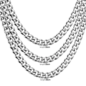 Three pieces of 10mm stainless steel Cuban link chains in lengths 50cm, 55cm, and 65cm