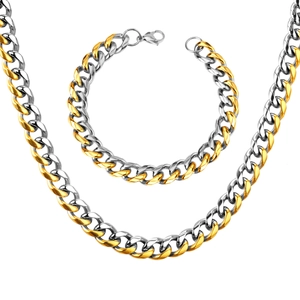 Men's hip hop 10mm stainless steel Cuban link necklace and bracelet set in gold and silver