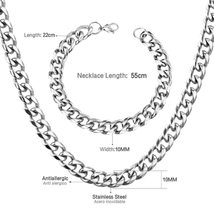 Detail showing 10mm stainless steel 55cm necklace and 22cm bracelet set with dimensions