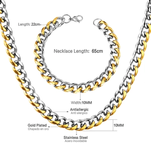 Detail showing 10mm gold plated stainless steel Cuban chain set with size dimensions
