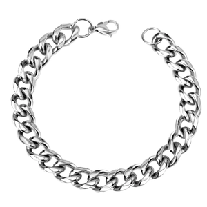 Detailed view of silver stainless steel 10mm Cuban link bracelet with lobster clasp