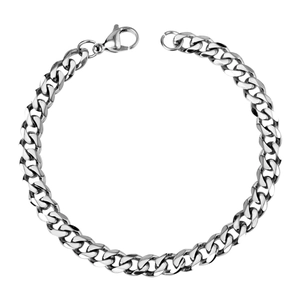 Classic silver stainless steel Cuban link bracelet with lobster clasp on white background