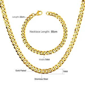 Size specifications for the 7mm gold plated stainless steel necklace and bracelet set