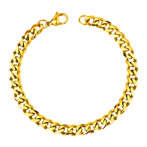 Detail of golden stainless steel cuban link bracelet with a secure lobster clasp closure