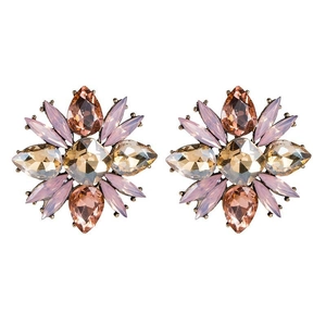 Macro shot of elegant floral alloy earrings with colorful crystal petals on white background