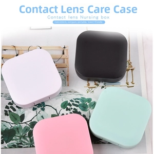 Macro display of square matte contact lens cases in four pastel colors on a cozy bed background