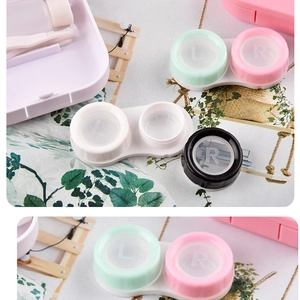 Flat lay of square matte contact lens cases with L and R markings in multiple soft colors