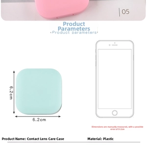 Size comparison of light green square contact lens case with a smartphone, 6.2cm compact size