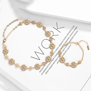 Detailed close-up of golden sunflower jewelry set including necklace and bracelet link