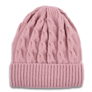 Pink cable knit winter beanie with thick ribbed cuff for men and women