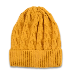 Detailed view of ginger yellow cable knit beanie featuring a thick ribbed cuff texture
