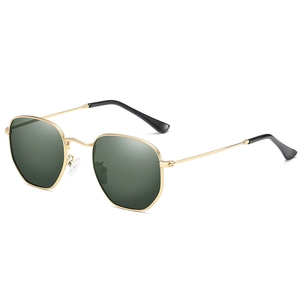 Hexagonal vintage metal sunglasses with gold frame and dark green lenses in 45-degree view