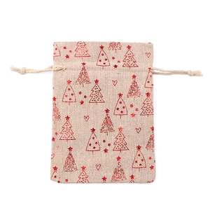 Linen Christmas gift drawstring bag with red reindeer and tree print on beige background