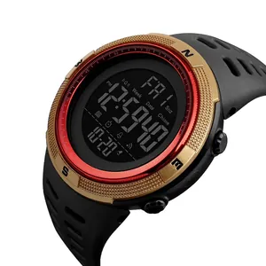 Digital sport watch with gold bezel and black silicone strap for outdoor fitness