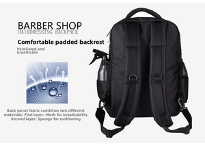 Detail view of hairdressing backpack showing thickened padded back and breathable mesh fabric