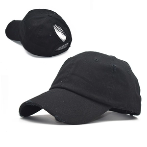 Distressed black cotton ponytail baseball cap with a worn-out hole design for outdoor sports