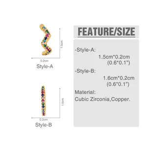 Size chart showing style dimensions for zircon ear cuffs in gold and multicolor