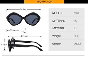 Detailed size specifications for irregular geometric UV400 fashion sunglasses 9139