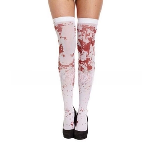 Detail of white thigh high socks with realistic red blood splatter pattern for Halloween