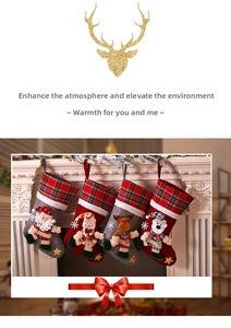 Detail of four hanging Christmas stockings featuring 3D Santa, Snowman, Reindeer and Bear