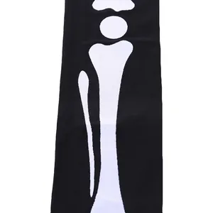 Halloween skeleton knee high socks with white bone print on black elastic knit fabric
