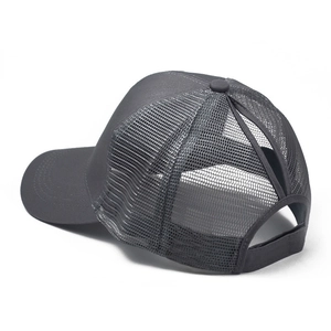 Detail view of the breathable mesh back and ponytail cross strap on the grey baseball cap