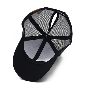 Black cotton ponytail baseball cap with breathable mesh and high ponytail opening