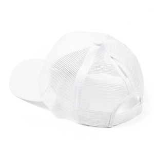 Detail view of white mesh ponytail baseball cap showing breathable holes and back opening