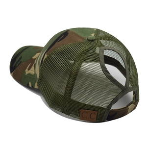 Detail of camouflage ponytail baseball cap showing rear mesh and brand leather patch
