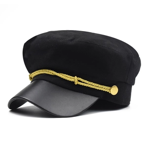 Casquette Gavroche Femme Coton Visière Cuir PU Cordelette Dorée Chapeau Marin Militaire Style Britannique À Toit Plat
