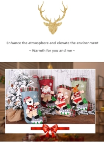 Detail of four large Christmas stockings with 3D Santa, Snowman, Bear, and Reindeer dolls