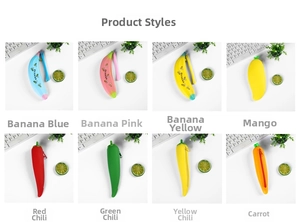Collage of cute silicone fruit and vegetable pencil cases shaped like banana and pepper
