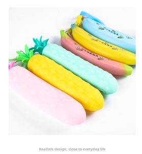 Colorful fruit shaped silicone pencil bags including banana and corn designs