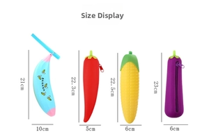Size chart showing dimensions for fruit and vegetable shaped silicone pencil cases