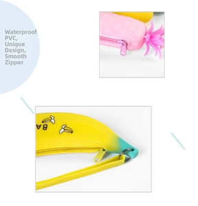 Detail of waterproof PVC fruit pencil cases with smooth zippers and flexible texture