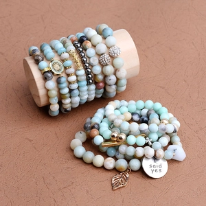 Bohemian natural stone beaded bracelet set with I Said Yes charm and evil eye details