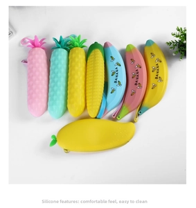 Variety of fruit and vegetable silicone pencil cases with metal zippers and carry loops