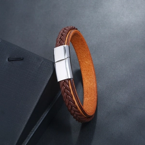 Brown braided leather bracelet with polished silver stainless steel magnetic clasp for men